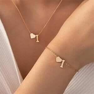 NWT personalized letter initial gold necklace and bracelet set LETTER I